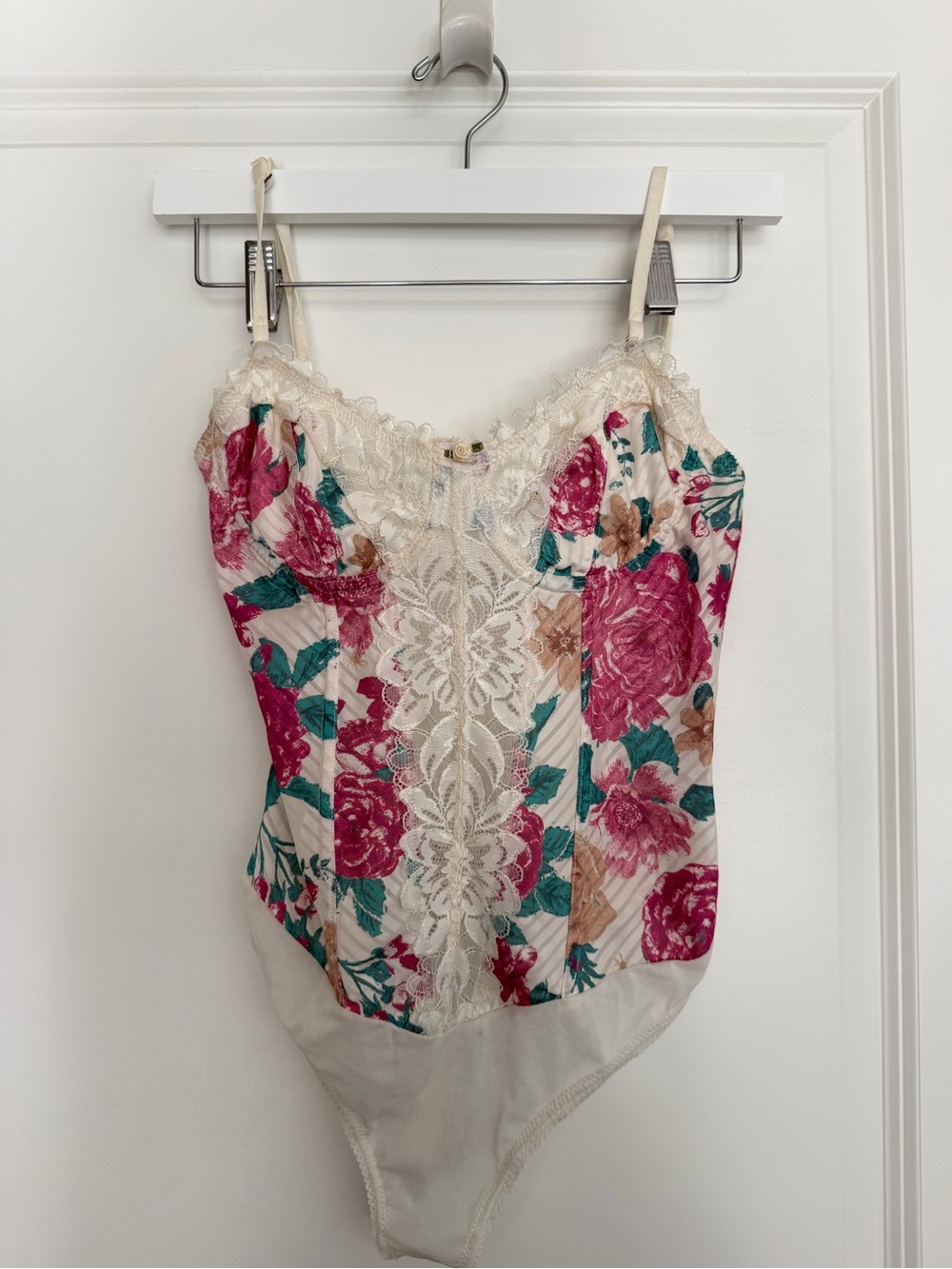 Free People Floral Lace-Trim Ivory Bodysuit with Pink Roses